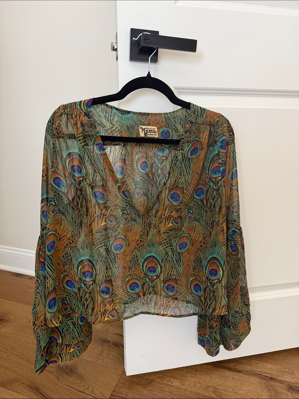 Show Me Your MuMu Peacock-Print Sheer V-Neck Blouse in Green and Brown